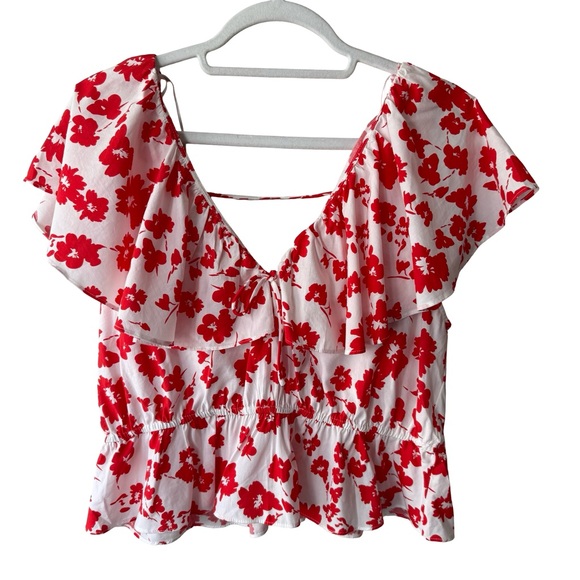 Zara Red Floral Ruffle Blouse Size L Boho Vacation Resortwear Summer Date Night - Picture 1 of 10